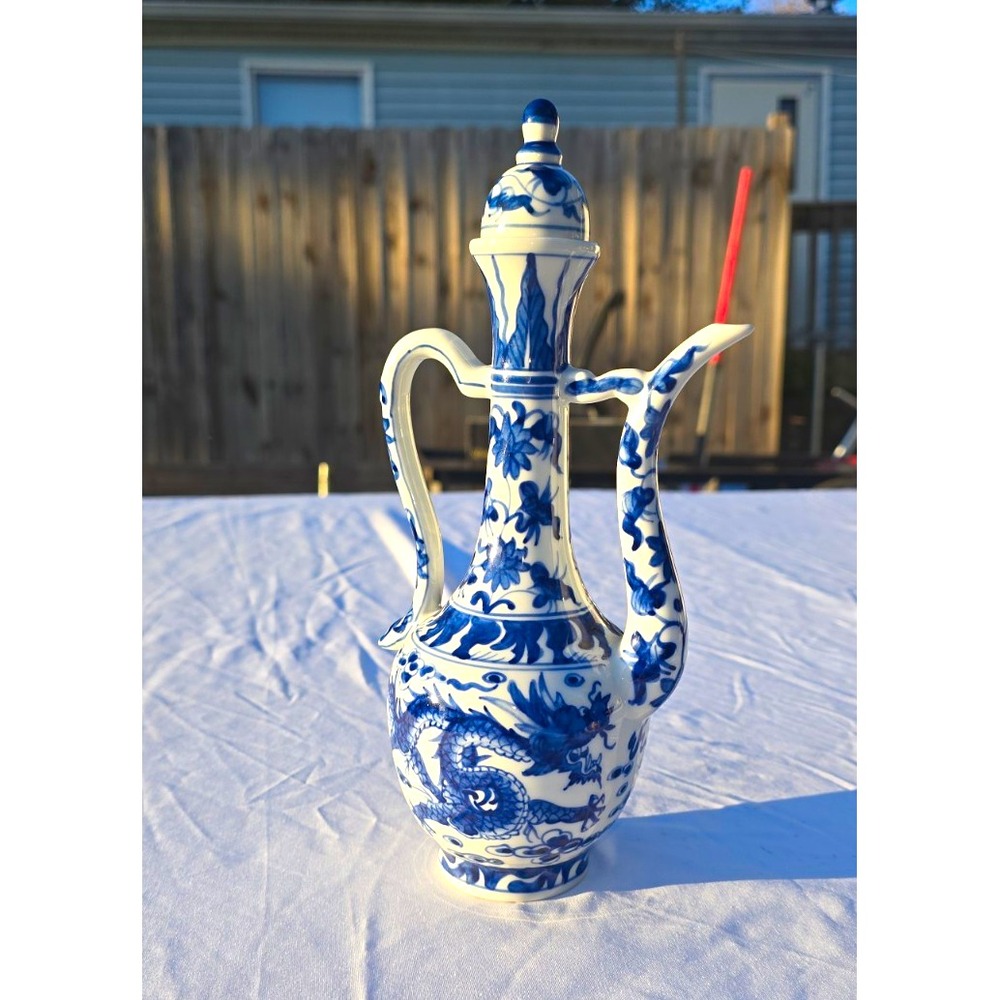 Chinese Blue & White Porcelain Covered Ewer, Dragon Motif, Marked Base